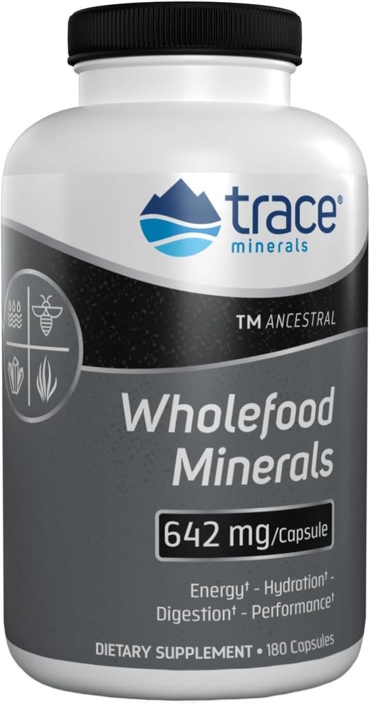 Trace Minerals Wholefood Minerals - Body & Brain Health Support Supplement - Food Health Supplement with Wildflower Bee Pollen & Atlantic Kelp - Aids Nerve Function & Digestive Health - 180 Capsules