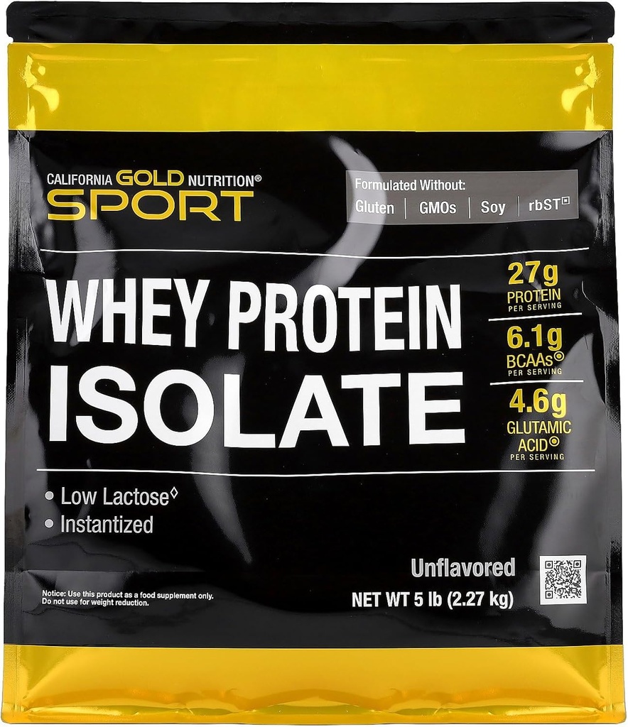 California Gold Nutrition Sport, Išrūgų baltymų izoliatas, Neskonio, 5 LB (2,27 kg)