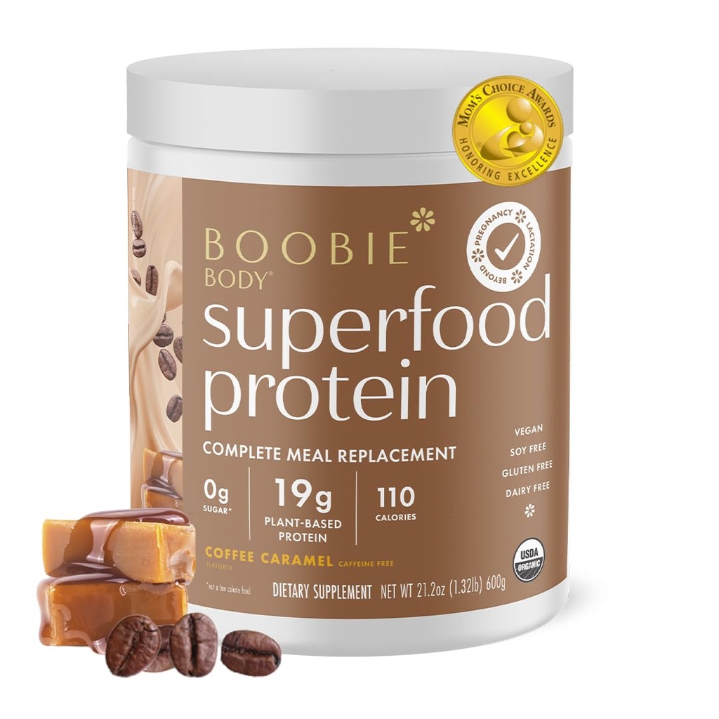 Boobie Body Superfood proteinas Nėštumas ir pogimdyminio maisto pakaitalas purtyti, Kavos karamelės skonio 124; 19g proteinas ® 124; Saugus maitinimas & Motinystė ® 124; Ekologiškas, Vegan, Zero Cukrus, 1 Tubas (20 Paslaugos)