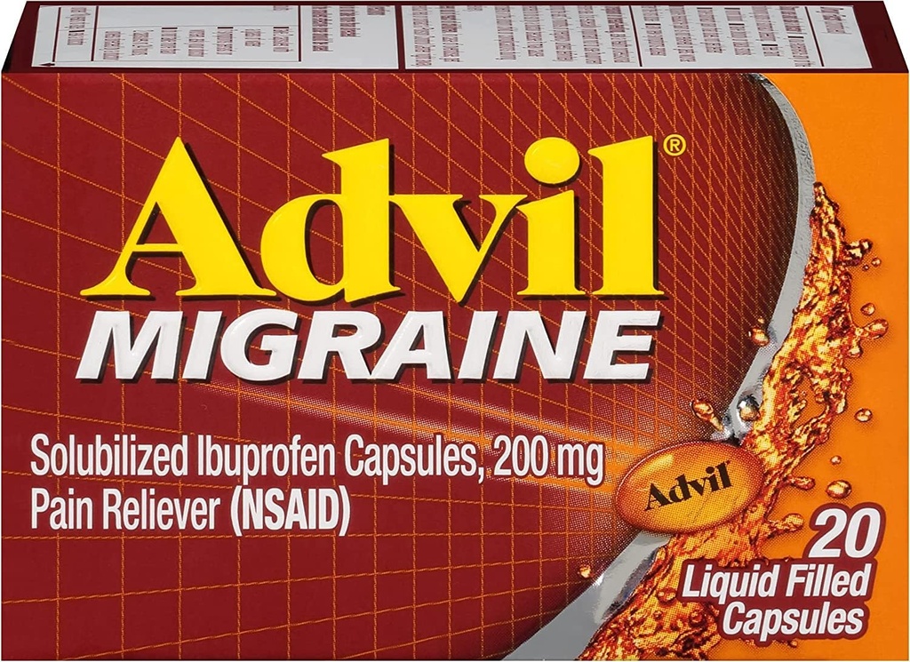 Advil Migrena Skystos kapsulės - 20 ct, pakuotėje yra 5 kapsulės