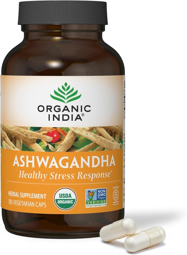 ORGANIC INDIA Ashwagandha Capsules - Organic Ashwagandha Addition - Vegan Ashwagandha Root, Gluten- Free, Kosher, Non- GMO, Support Stress Relief, Energy, and Miego - 180 Capsules