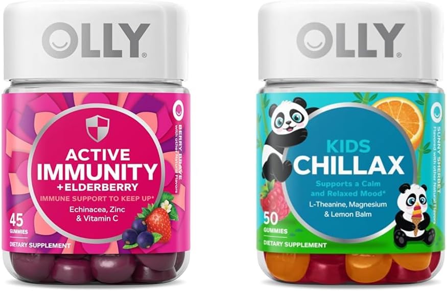 OLLY Gummy Aktyvus imunitetas + šeivamedžio uogų, 45 Gummies Kids Chillax, Magnis Gummies, Lemon Balm, Calm Chews vaikams 4 +, 50 Count