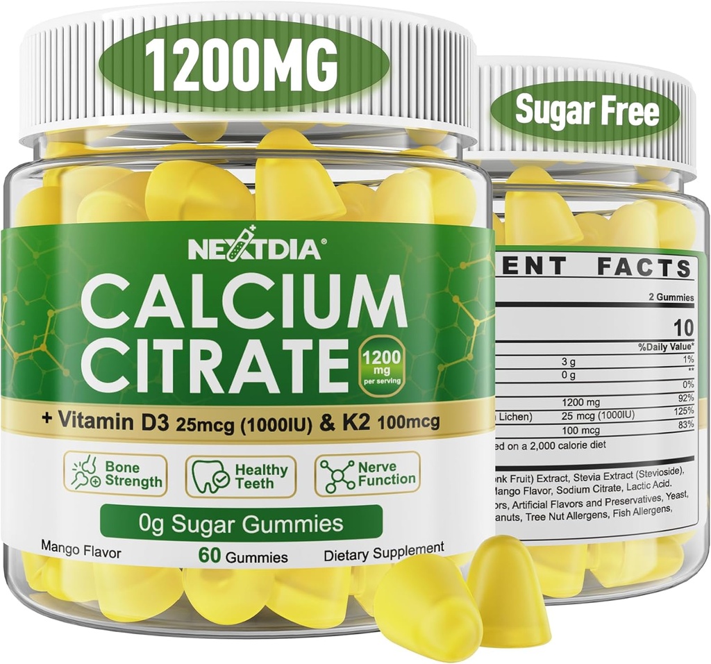 Kalcio citratas Gummies 1200mg su vitaminu D3 K2, kramtomojo kalcio papildai moterims ir vyrams, didelio stiprumo parama B0ne, Te * th, stiprumas & imuninė sveikata, Mango skonis, ne GMO, cukraus nemokamai, 120 Cts