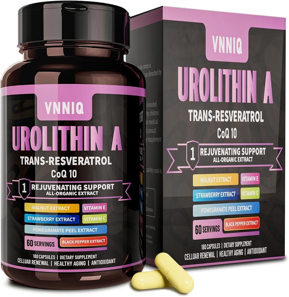 Urolithin A Supplement, 9-in-1 Complex with Urolithin-A, Trans-Resveratrol, CoQ10, and 6 Essential Anti-Aging Nutrients, Supports Anti-Aging, Cellular Repair, Energy & Focus –180 Capsules