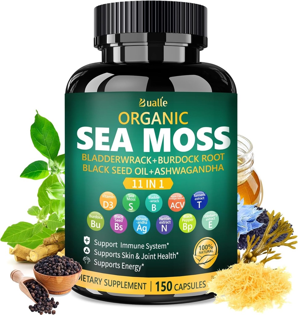 Bualle Irish Sea Moss Capsules - Organic Sea Moss, Black Seed Oil, Ashwagandha papildai su Bladderwrack, Ginger & Burdock Root - Palaiko Daily Wellness, Skin & Energy - 150 Capsules (1 rinkinys)