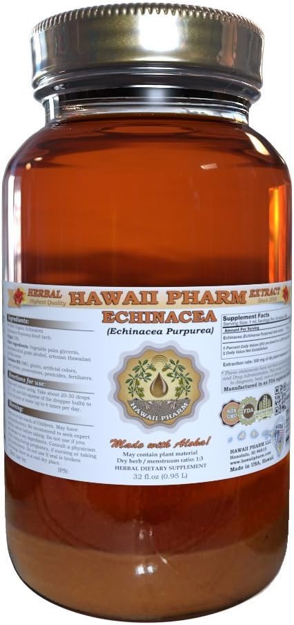 Hawaii Pharm Echinacea Liquid Extract, Organic Echinacea (Echinacea Purpurea) Tincture Supplement 32 oz Unfiltered
