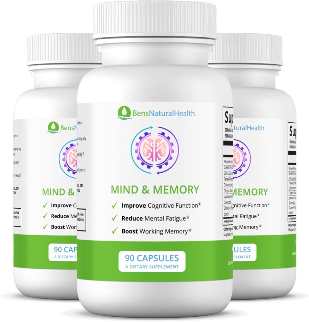 Ben 's Natural Health Prod & Memory Additive, Nootropinis smegenų palaikymo su Rhodiola, Žalioji arbata, Cleys & Quercetin, 90 kapsulės, 3 rinkinys