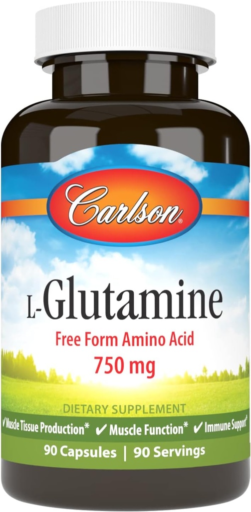 Carlson - L-Glutamine, Free-Form Amino Acid, 750 mg, Muscle Tissue Production, 90 Capsules