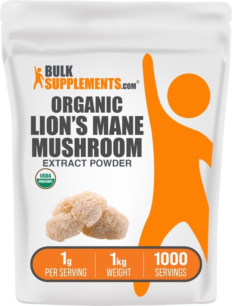 BulkSupples.com Organic Lion 's Mane Mushroom Extract Mills - Lions Mane Additive Mills, Superfood for Well-Bey - Vegan, 1g per Serving, 1kg (2,2 lbs) (pakuotė 1)