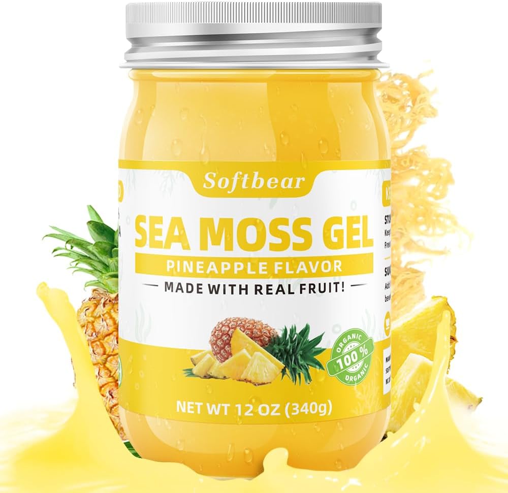 softbear Sea Moss Gel Pineapple Flavored 12 OZ - Wildcrafted Irish Sea Moss Gel Organic Raw 92 Minerals and Vitamins Non-GMO Gluten-Free Vegan Supplements Immune Thyroid Digestive Support