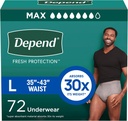 Depend Fresh Protection Suaugusiųjų vystyklai, Independence Underwear for Men, Vienkartiniai, Maksimalus, Didelis, Pilkas, 72 Skaičius (2 Pakuotės iš 36), Pakuotė gegužės Varis
