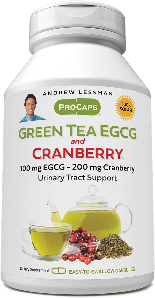 ANDREW LESSMAN Green Arbatos EGCG & Cranberry 60 Capsules - Standartizuota Katechinams ir polifenoliams. Padeda apsaugoti audinių, organų ir sistemų visoje kūno. Galingas antioksidantų palaikymas
