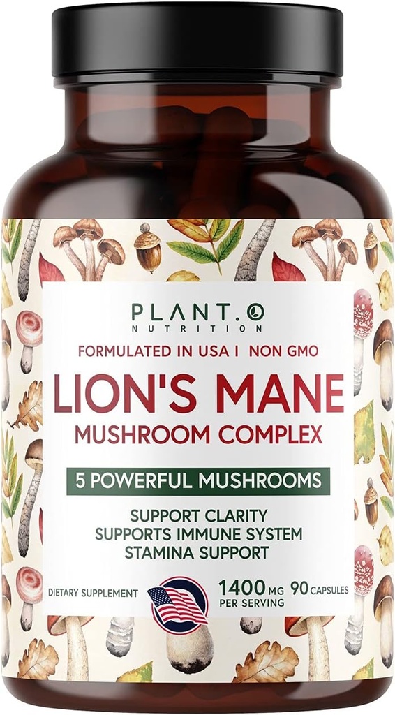 Plant.O Premium Lion 's Mane Addition, All Natural Nootropics Srain Addition, 5 Grybų kompleksas - Lion' s Mane, Reishi, Chaga, Maitake, Shiitake for Immunity, Focus, Mood & Memory Boost, 90 Caps