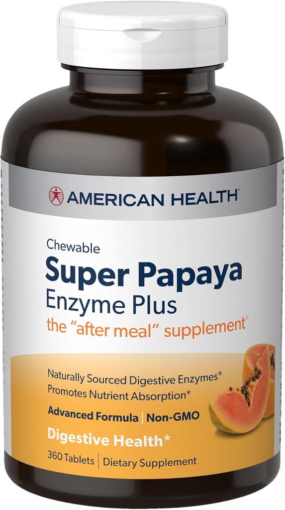 American Health Super Papajos fermentas Plus - 360 Kramtomosios tabletės - After- Meal papildas - Ne GMO - 120 Paslaugos