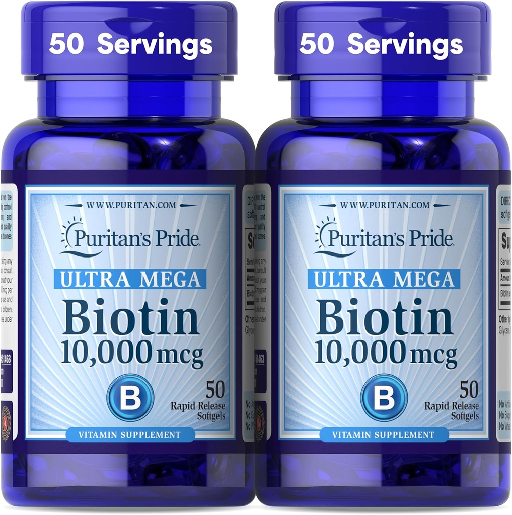 Puritan's Pride Premium Ultra Mega Biotin 10,000mcg, Dietary Supplement for Healthy Hair, Skin, Nails, and Energy Metabolism Support, 100 Day Supply, 50 Rapid Release Softgels, 2 Pack