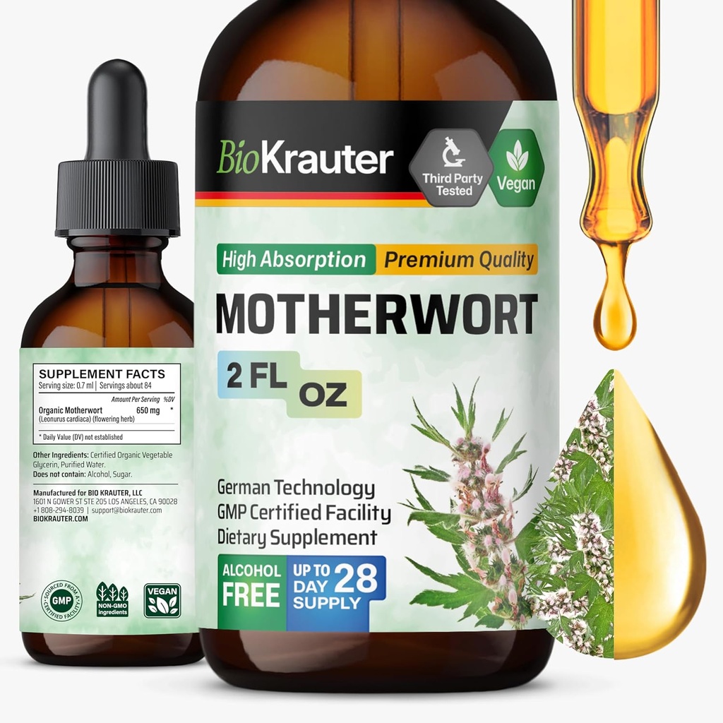 BIO KRAUTER Motherword Tincture - Motherword augalinis ekstraktas - Skystas priedas moterų sveikatai - Skatinti Calm - Alkoholis & Cukrus Nemokamas - Vegan Drops 2 Fl.Oz.