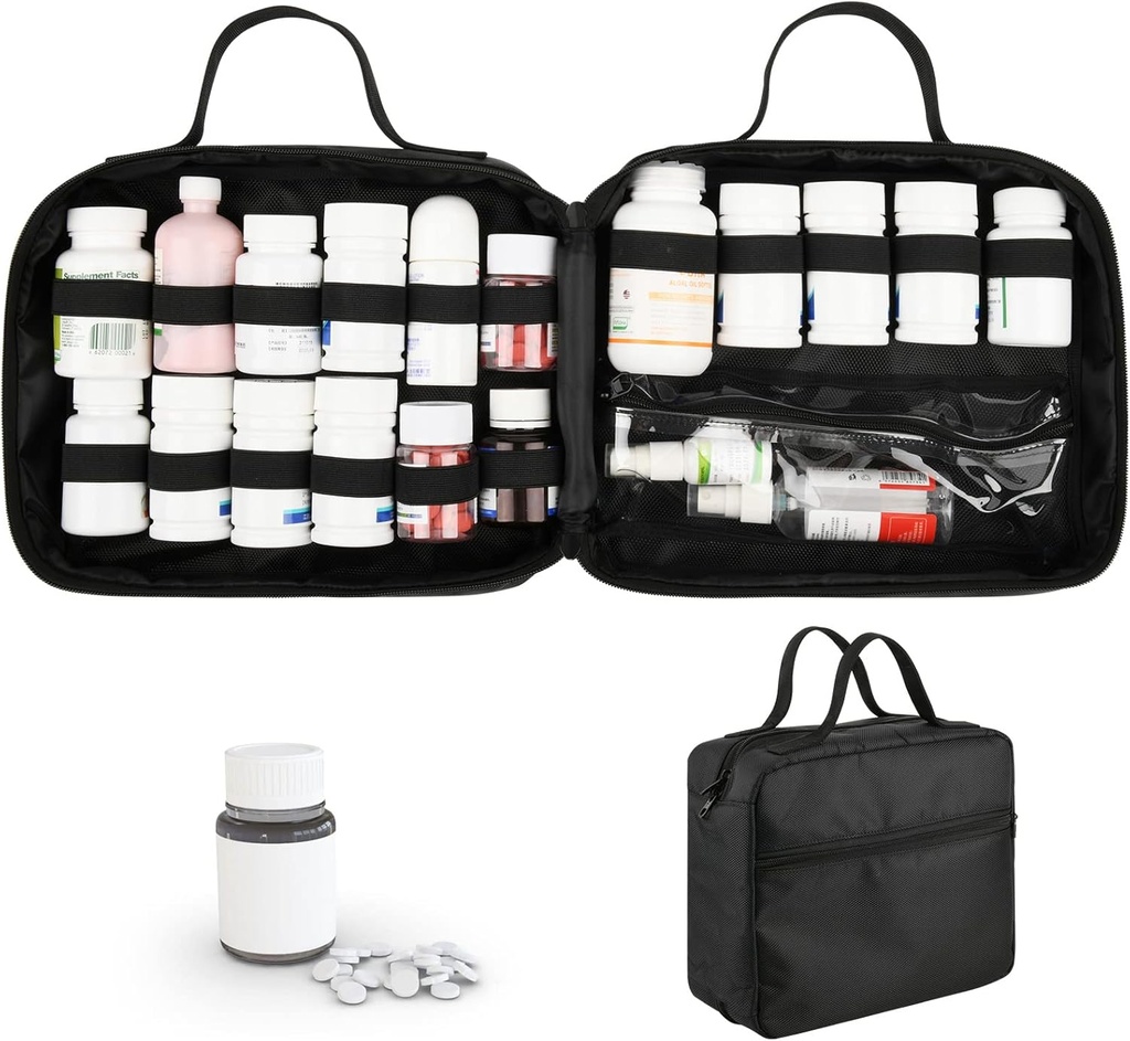Beautyflier Medication Travel Bag, Medicininis maišelis kelionėms, pistoletas butelių organizatorius ir sandėliavimas, Vitaminas butelis nešiklis už butelius vaistų ar papildų, namų ir kelionių