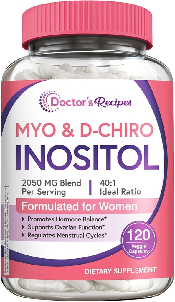 Gydytojo receptai Inozitolio papildas, Myo- Inositol & D- Chiro Inositol Capsules 2050mg per Serving, Ideal 40: 1 Blend, Hormonų balansas moterims, kiaušidžių funkcijos ir vaisingumo parama, 120 Vegan Caps