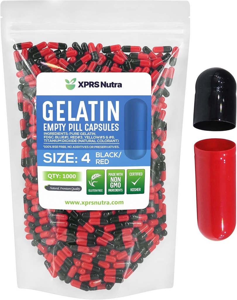 XPRS Nutra Size 4 Empty Capsules - 1000 Count Small Empty Gelatin Capsules - Pills DIY Capsule Filling - Fillable Pure Bovine Pill Gel Caps for Do-It-Yourself Supplements (Black/Red)