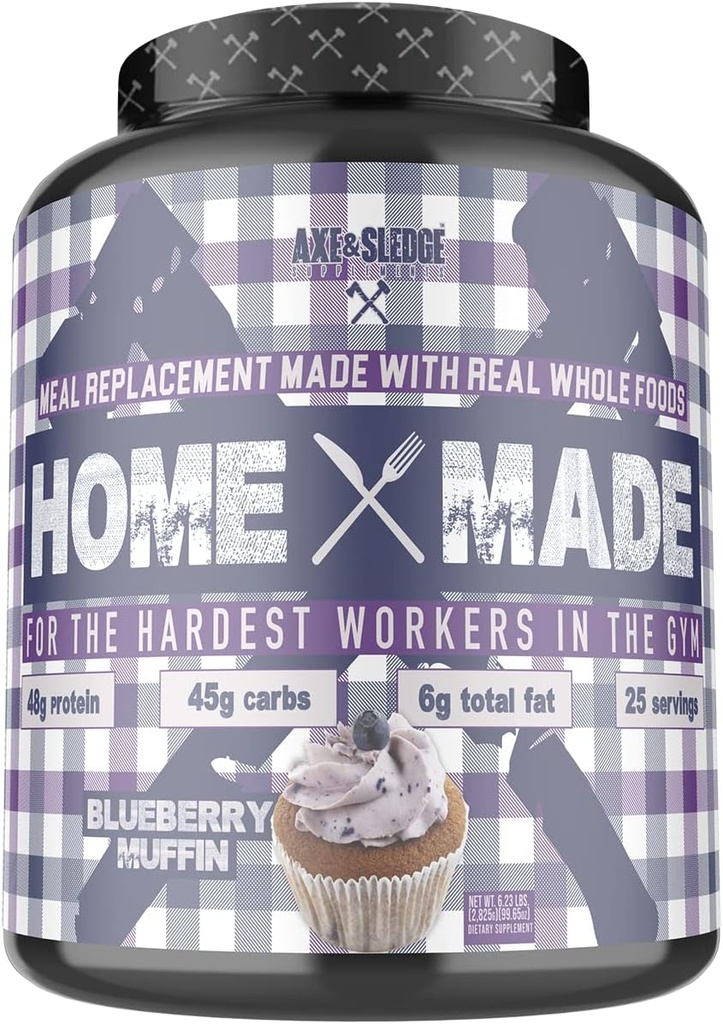 Axe & Sledge Supplements Home Made Whole-Foods-Based Meal Replacement Powder with Digestive Enzymes, Protein, Carbohydrates, and Fats, 25 Servings, Blueberry Muffin