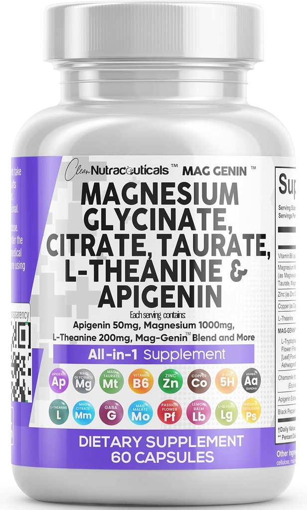 Clean Nutractices Magnis Glycinate Complex 1000mg with L- Theanine 200mg Apigenin 50mg Citrate Taurate Addition - 5 -HTP GABA Passion Flower Lemon Balm L- Glycine Fosfatidilserine - 60 Count