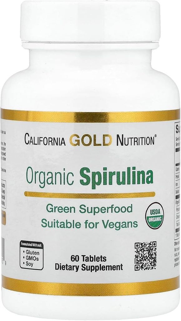 California Gold Nutrition Organic Spirulina Additive, Featuring a Green Superfood with Antioksidants, Vegan Friendly, Gluten Free, Non- GMO, 500 mg, 60 tablečių