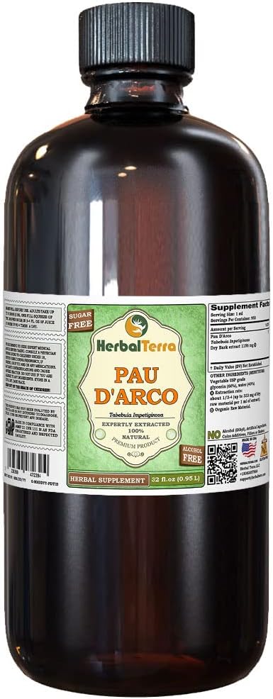 PAU d 'arco (Tabebuia Impetiginosa) gliceritas, džiovintas beržų alkoholio neturintis skystas ekstraktas (prekinis pavadinimas: HerbalTerra, Proudly Made in USA) 32 fl.oz (0.95 l)