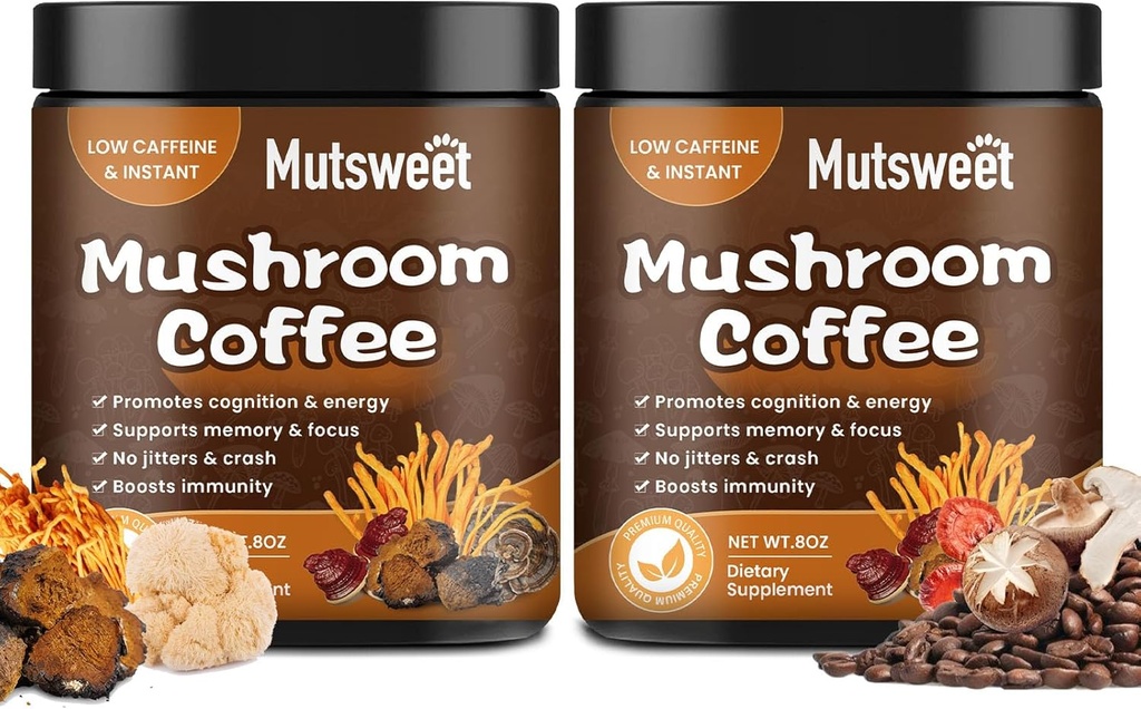 (2 Pack) Grybų kavos Smoothies / Latte, Grybų miltelių mišiniai (57 Paslaugos) su Lions Mane, Reishi, Cordyceps, Turkey Tail, Chaga - Grybų papildai energijai, Focus, Immuno- 8 oz