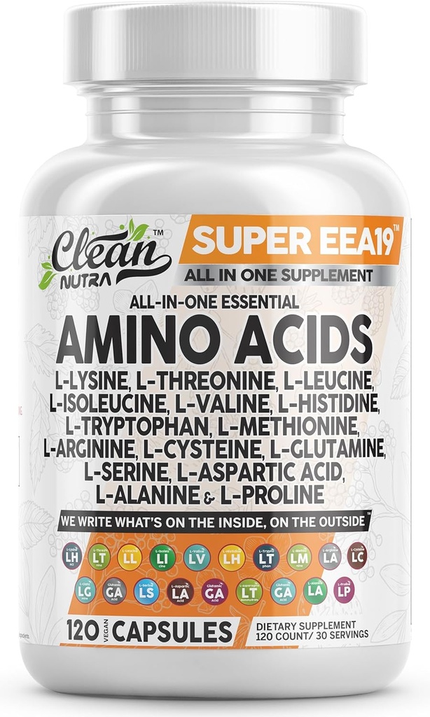 Clean Nutracaments Amino rūgštys Priedas L- lizinas, L- treoninas, L- leucinas, izoleucinas, Valinas, L- histidinas, L- triptofanas, L- metioninas, L- argininas, L- cisteinas, L- glutaminas, L- serinas, aspartinė rūgštis