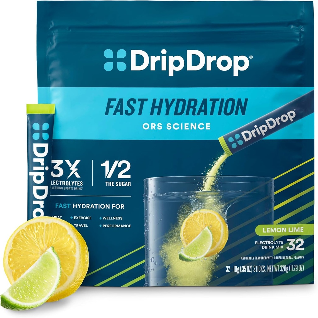 DripDrop Hydration Packets - Lemon Lime - Single Serve Electrolytes Powder Drink Mix - Non-GMO, Gluten Free, Vegan - 32 Sticks
