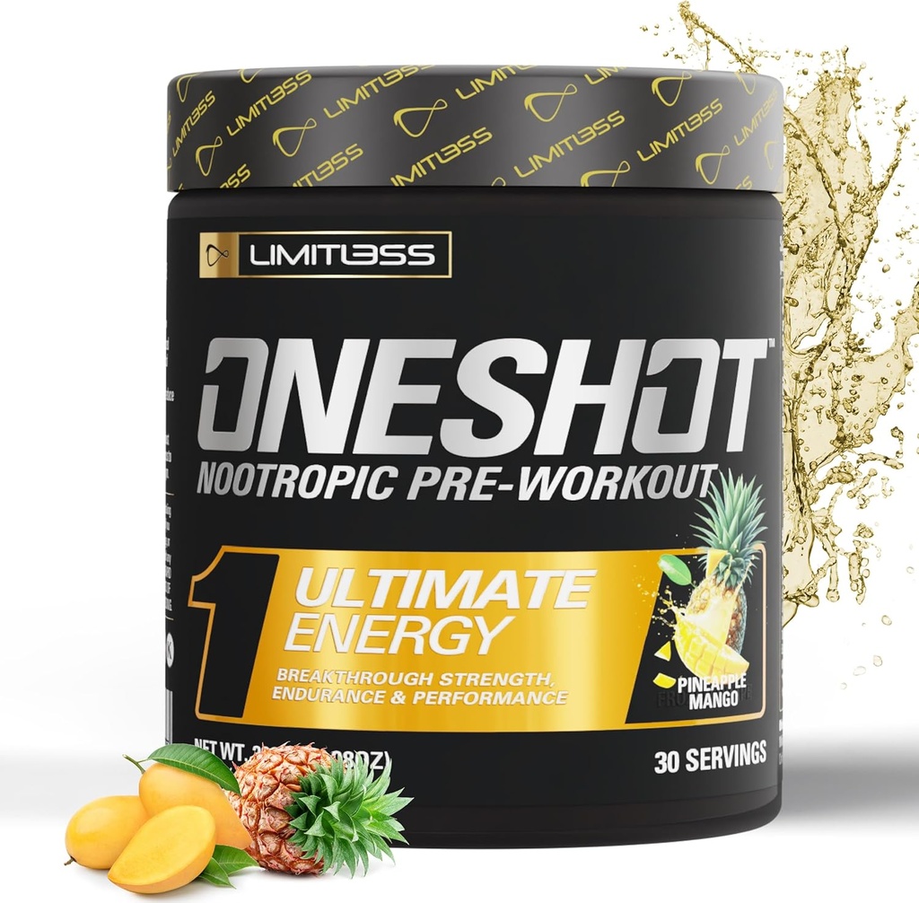 ONESHOT Pre Workout Milteliai vyrams ir moterims - BCAAS Amino rūgščių papildas Milteliai, 200mg kofeinas, Beta alanino milteliai, citrulinas Malatas Preworkout milteliai - Pineapple Mango - 30 Servings