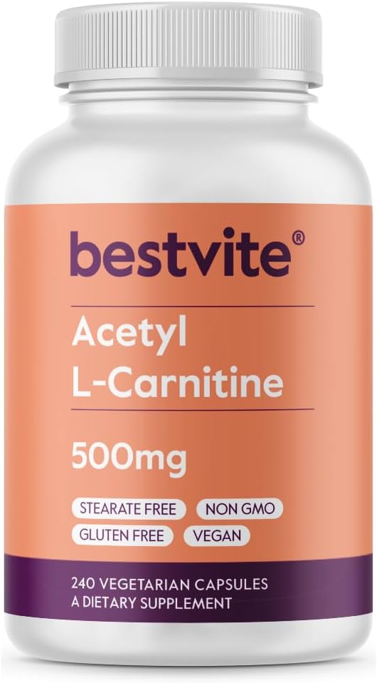 BESTVITE acetil L- karnitinas 500 mg (240 vegetariškų kapsulių) - No Stearates - Vegan - Non GMO - Gluten Free