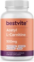 BESTVITE acetil L- karnitinas 500 mg (240 vegetariškų kapsulių) - No Stearates - Vegan - Non GMO - Gluten Free