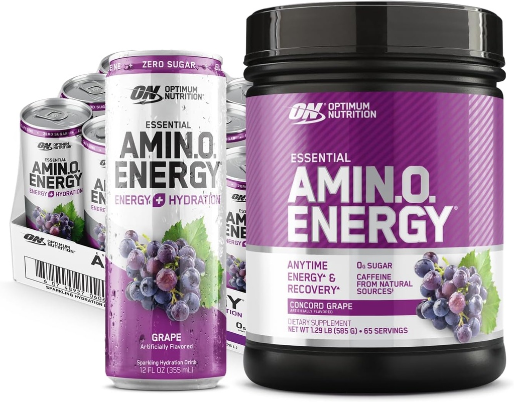 Optimum Nutrition Amino energijos milteliai: Concord Vynuogės (65 Servings) su Eteriniu Amino energijos plius Electrolyes Spinning Drink: Vynuogės (12 Cans) - Bandl Pack