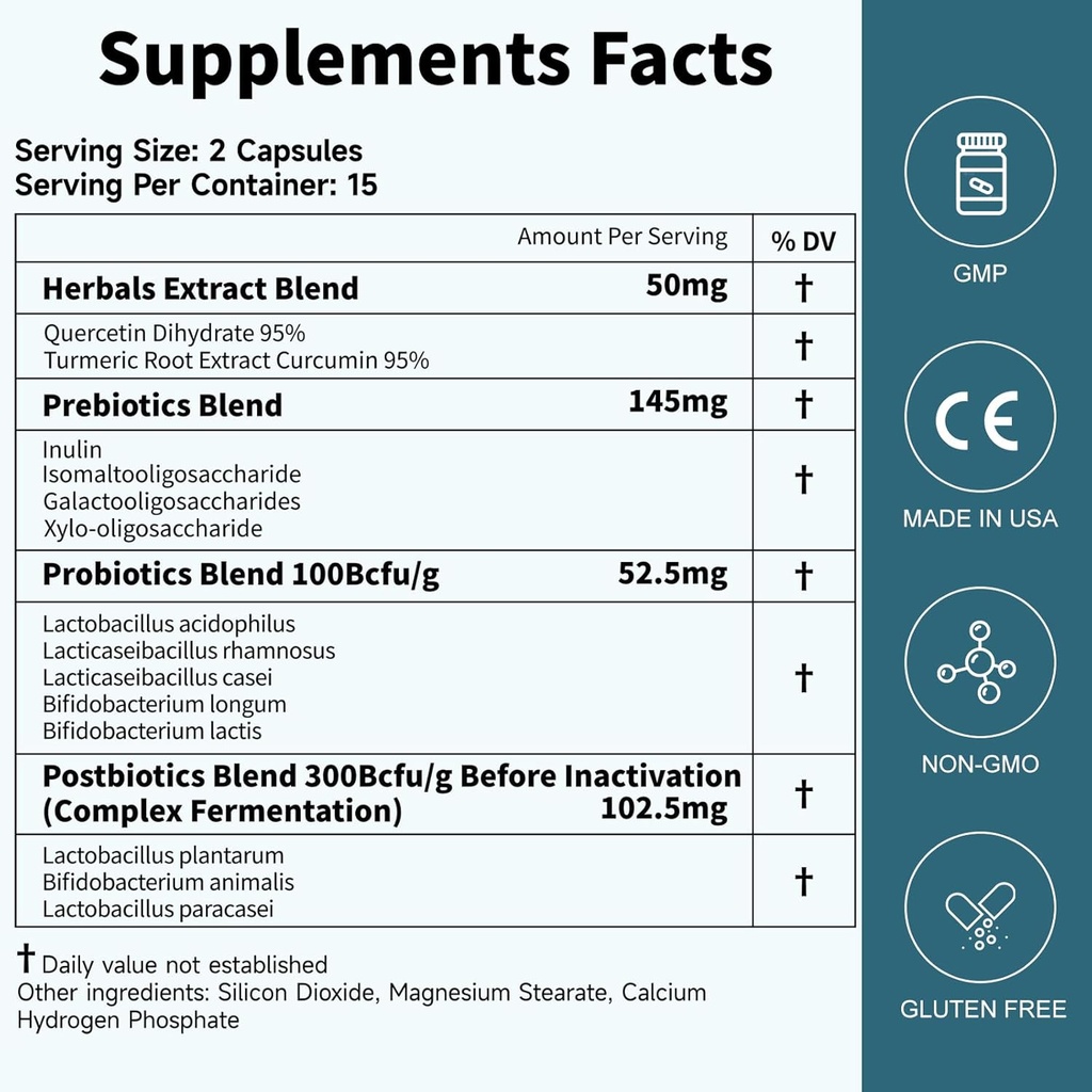 Probiotikai Moterys Vyrai Gut Sveikata: Digistive Health Immunal Support Bloating Relief Shall Stabilios Kreisės 35B CFU už kapsulės kompleksą su prebiotikais Postbiotikai Quercetin & Curcumin dieta Priedas