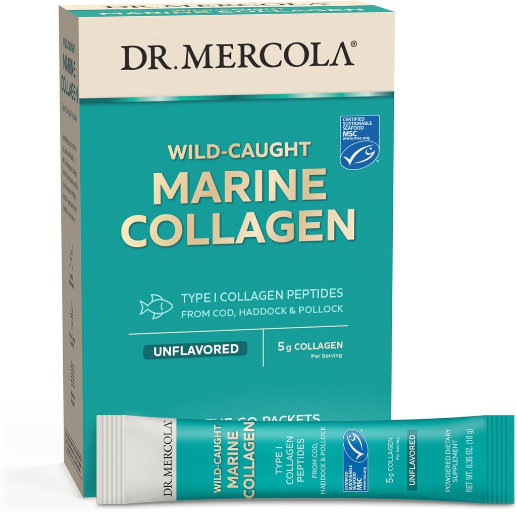Dr. Mercola Marine Collagen miltelių paketai, 5g Collagen per Serving, 15 Servings (15 on-The- go Packets), Powletted Dieta papildas, Unflavored, Type 1 Collagen Peptides from Cod, Hadock & Pollock