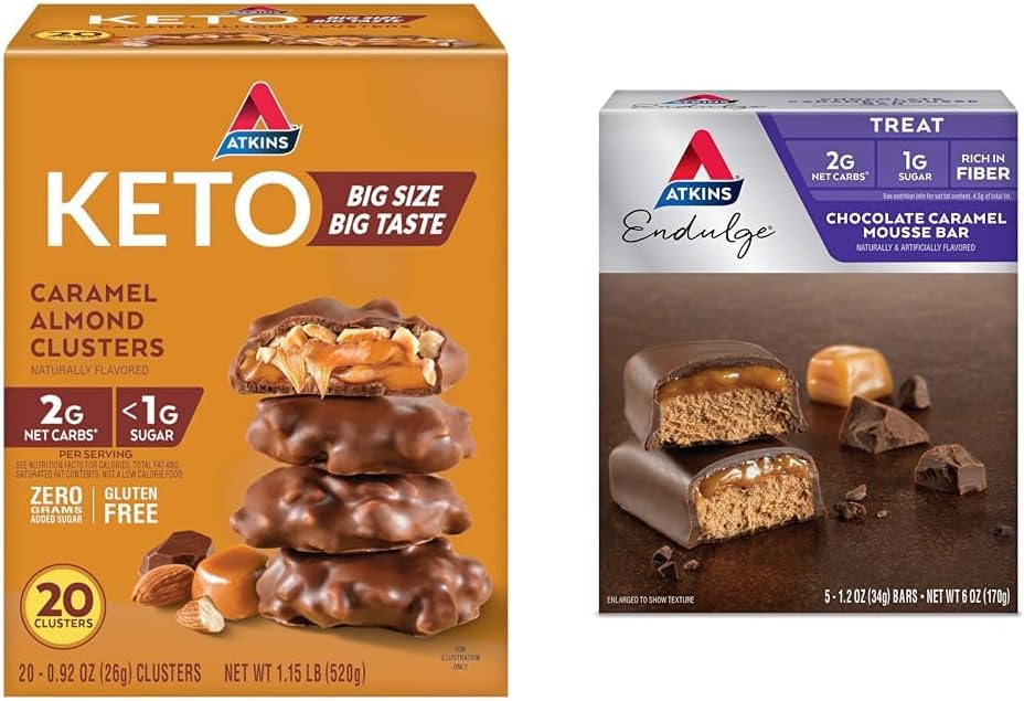 Atkins Caramel Almond Clusters, Gluten Free, High in Fiber, 1g Sugar, 2g Net Carb, Keto Friendly, 20 Count & Endulge Šokoladas Caramel Mousse Bar, Dessert Favorite, 1g Sugar, High in Fiber, 5 Count