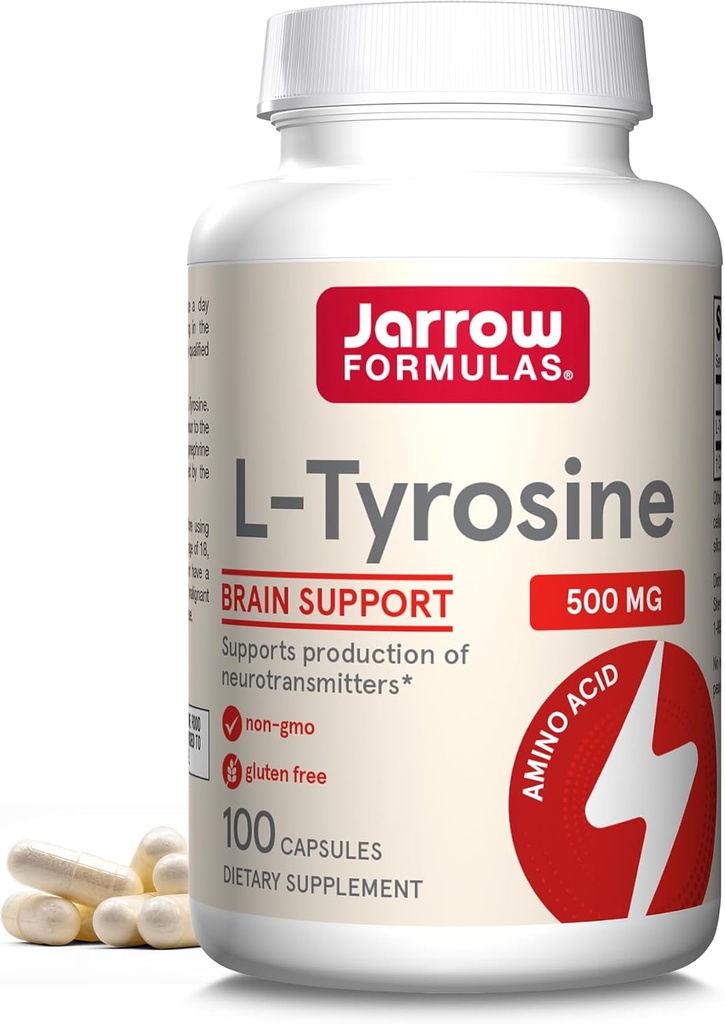 Jarrow Formulas L-Tyrosine 500 mg, Dietary Supplement, Amino Acid Supplement for Brain Health Support, 100 Capsules, 100 Day Supply