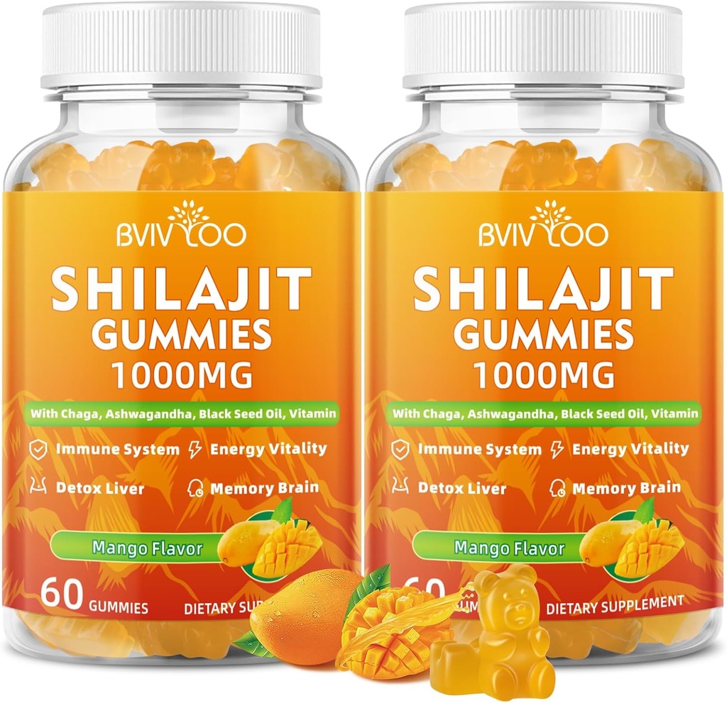 2 Pakuotės Shilajit Gummies 1000mg Cukraus nemokamai - Shilajit Priedas vyrams ir moterims - Didelis 85 + Sekti Mineralai & Fulvic Acid - Energija, smegenys, imunitetas - 120 Gummies