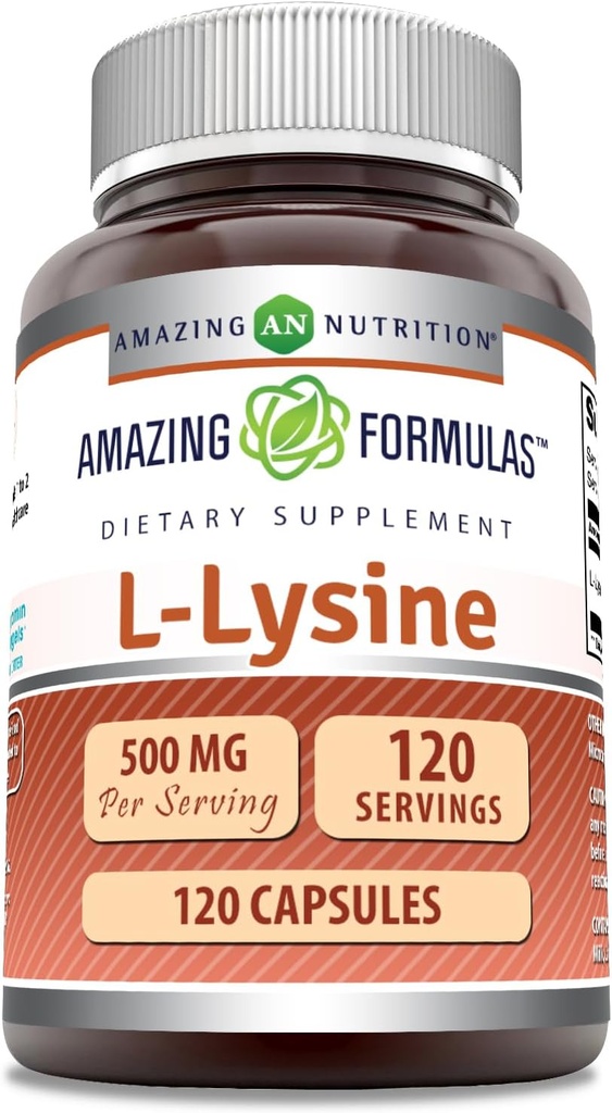Nuostabios formulės L- Lysine 500 mg kapsulės Amino rūgšties papildas - 124; ne GMO - 124; Gluten Free 124; Pagaminta JAV (120 Count)