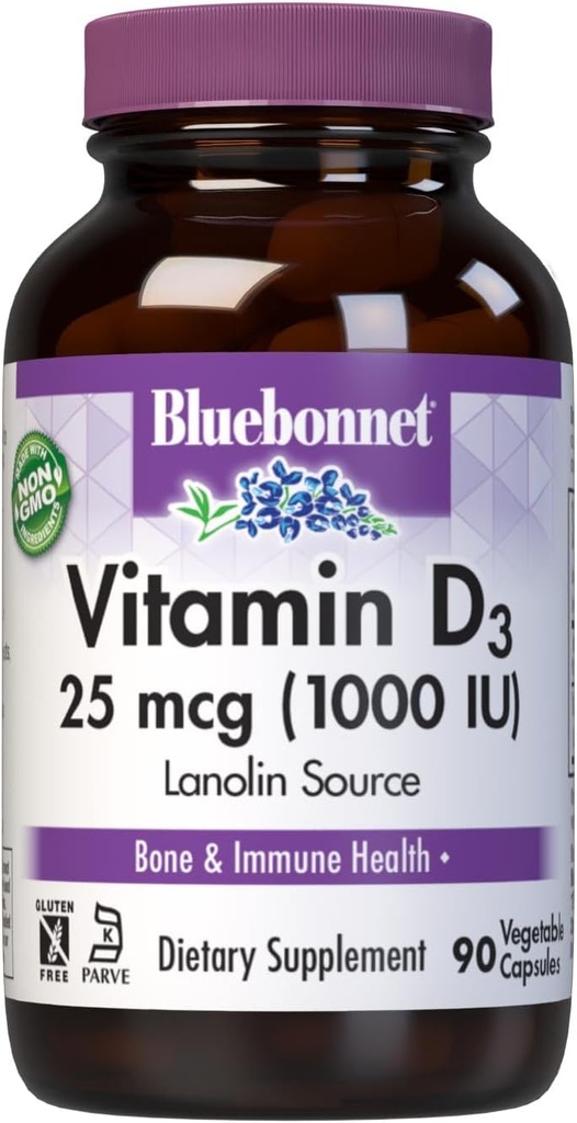 BlueBonnet mityba Vitaminas D3 1000 TV, Pagalba raumenų ir skeleto augimo, Cholekalciferolis iš lanolino, Ne GMO, Gluten Free, Sojų Free, Pienas Free, Kosher, 90 Daržovių kapsulė, Balta