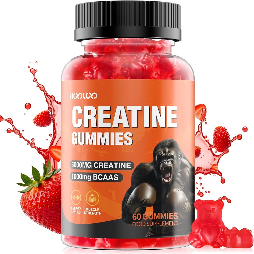 HOOLOO Creatine Gummies 5000mg Creatine Monohydrate, 1000mg BCAAs per Serving - Chewable Vegan Sugar Free Gummies, Strawberry Flavour (1 Month Supply)