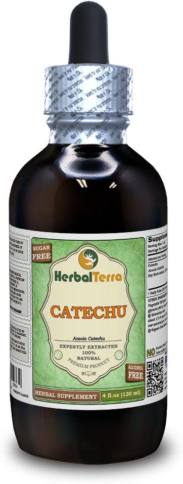 Catechu (Acacia Catechu) Gliceritas, džiovinta žolė Alkoholio neturintis skystas ekstraktas (prekinis pavadinimas: HerbalTerra, Proudly Made in USA) 4 fl.oz (120 ml)