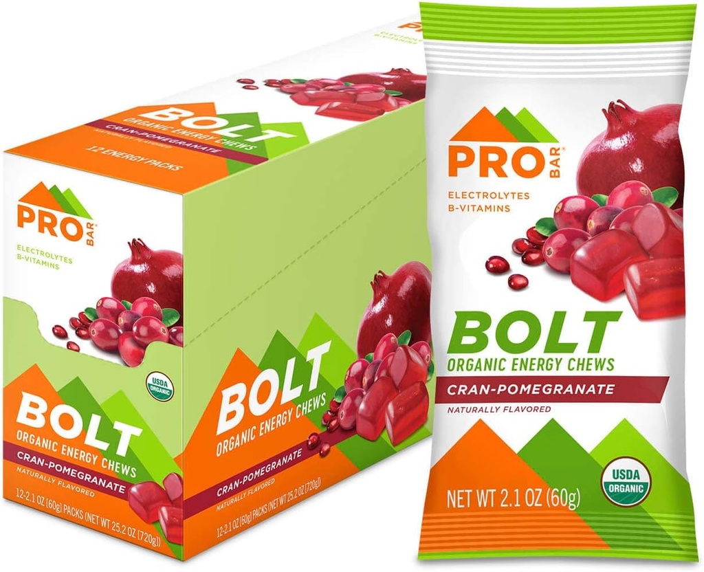 PROBAR - BOLT Organic Energy Chews, Cranberry Granata, Non- GMO, Gluten- Free, USDA Sertifikuotas Ekologiškas, Sveikas, Natūrali energija, Greito kuro degtukai su vitaminais B & C (12 Count)