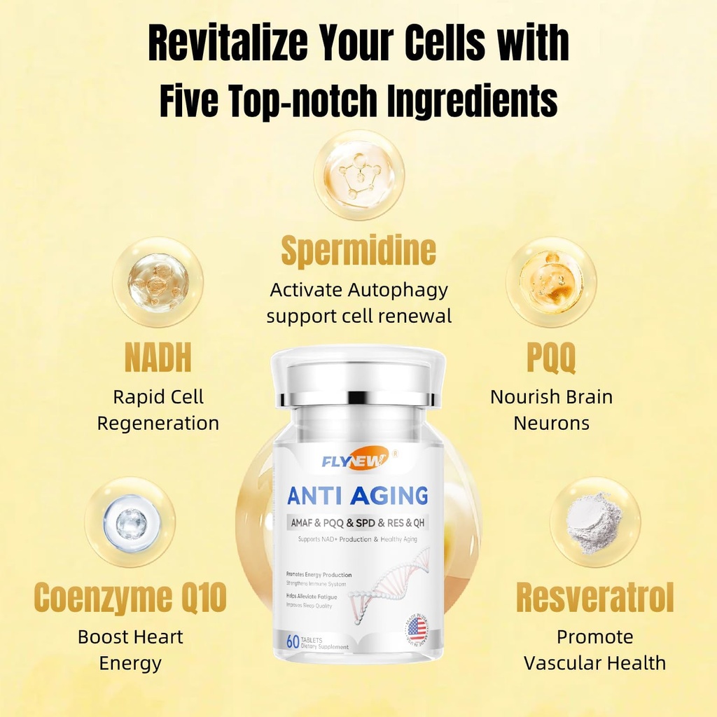 Anti- senėjimo, Resveratrol, NADH & PQQ, sveiki plaukai, oda, ir nagų, Ląstelių sveikata, spermidinas, Ubichinolis, GMP, Pagaminta JAV 60 kapsulių