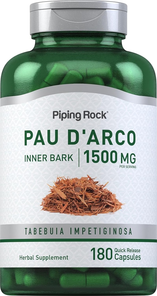 Piping Rock PAU D 'Arco Capsules Bendrijoje 124; 1500 mg arba 124; 180 pills ® 124; Vidinis Bark ® 124; Herb Extract Addition, Non- GMO, Gluten Free
