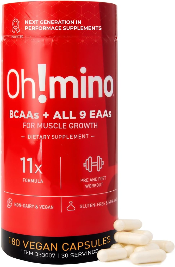 Oh!mino Essential Amino Acids Supplement. Caffeinated Capsules. All 9 EAAs, BCAAs and The Perfect Amino for Workouts, Amino Energy, and to Build Muscle, and Recover Faster.
