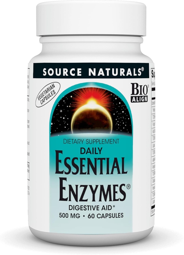 Source Naturals Essential Enzymes 500mg Bio-Aligned Multiple Enzyme Supplement Herbal Defense for Digestion, Gas, Constipation & Bloating Relief - Supports Immune System* - 60 Vegetarian Capsules