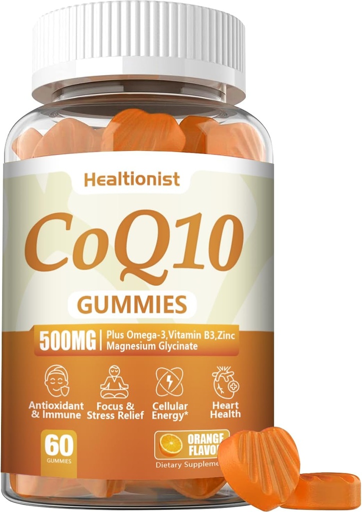 1 Pack 500MG Coq10 Gummies - 3X Better Absorbtion, Plus Omega-3, Magnis, Vitaminas B3 & Cinkas - Kofermentas Q10 papildai širdies sveikatai, ląstelių energija ir antioksidantas, Vegan, 60 Kaimai
