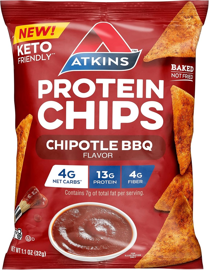 Atkins Chipotle BBQ proteinų chips, 4g Net Carbs, 13g proteinas, Gluten Free, Low Glycemic, Keto Friendly, 12 Count